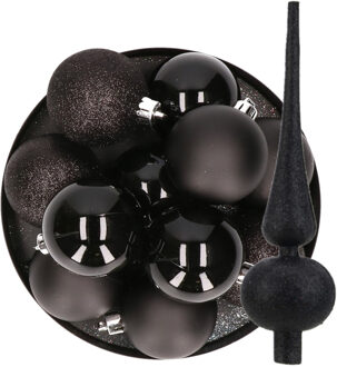 24x stuks kunststof kerstballen 6 cm inclusief glitter piek zwart