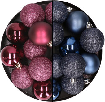 24x stuks kunststof kerstballen mix van aubergine en donkerblauw 6 cm
