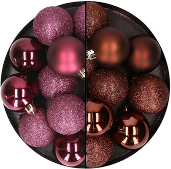 24x stuks kunststof kerstballen mix van aubergine en donkerbruin 6 cm