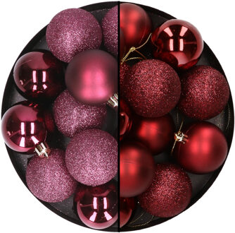 24x stuks kunststof kerstballen mix van aubergine en donkerrood 6 cm
