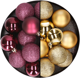 24x stuks kunststof kerstballen mix van aubergine en goud 6 cm - Kerstbal Goudkleurig