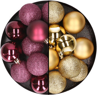 24x stuks kunststof kerstballen mix van aubergine en goud 6 cm