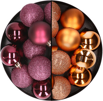 24x stuks kunststof kerstballen mix van aubergine en koper 6 cm