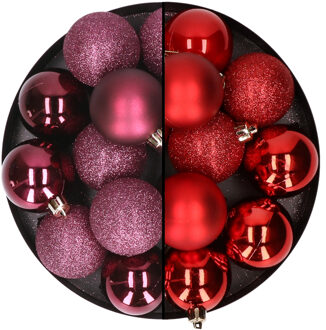 24x stuks kunststof kerstballen mix van aubergine en rood 6 cm