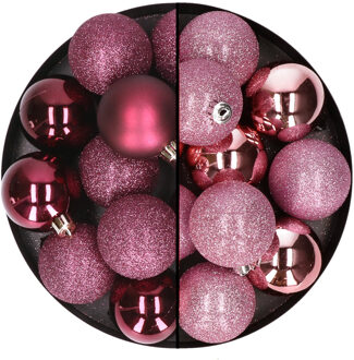 24x stuks kunststof kerstballen mix van aubergine en roze 6 cm