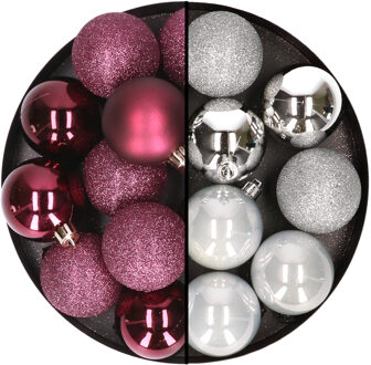 24x stuks kunststof kerstballen mix van aubergine en zilver 6 cm