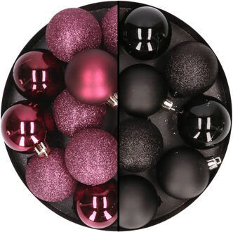24x stuks kunststof kerstballen mix van aubergine en zwart 6 cm - Kerstbal Paars