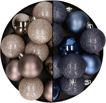 24x stuks kunststof kerstballen mix van champagne en donkerblauw 6 cm - Kerstbal