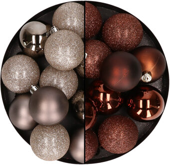24x stuks kunststof kerstballen mix van champagne en donkerbruin 6 cm - Kerstbal