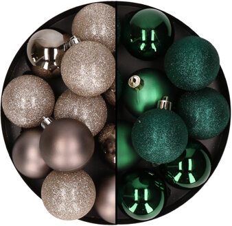 24x stuks kunststof kerstballen mix van champagne en donkergroen 6 cm