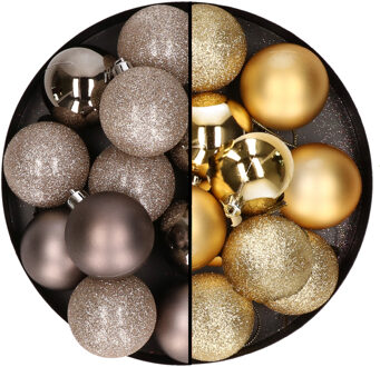 24x stuks kunststof kerstballen mix van champagne en goud 6 cm - Kerstbal Goudkleurig