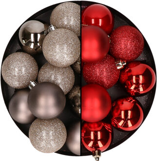 24x stuks kunststof kerstballen mix van champagne en rood 6 cm - Kerstbal