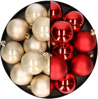 24x stuks kunststof kerstballen mix van champagne en rood 6 cm
