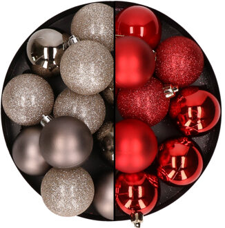 24x stuks kunststof kerstballen mix van champagne en rood 6 cm