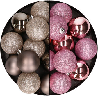 24x stuks kunststof kerstballen mix van champagne en roze 6 cm