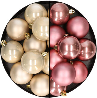 24x stuks kunststof kerstballen mix van champagne en velvet roze 6 cm