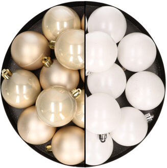 24x stuks kunststof kerstballen mix van champagne en wit 6 cm
