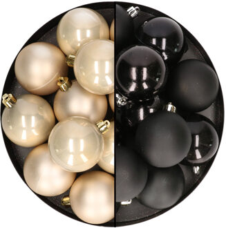 24x stuks kunststof kerstballen mix van champagne en zwart 6 cm
