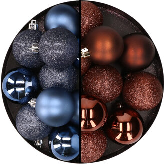 24x stuks kunststof kerstballen mix van donkerblauw en donkerbruin 6 cm - Kerstbal