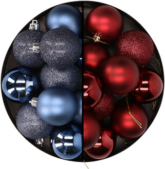 24x stuks kunststof kerstballen mix van donkerblauw en donkerrood 6 cm
