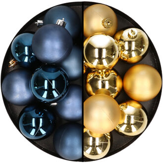 24x stuks kunststof kerstballen mix van donkerblauw en goud 6 cm - Kerstbal Goudkleurig