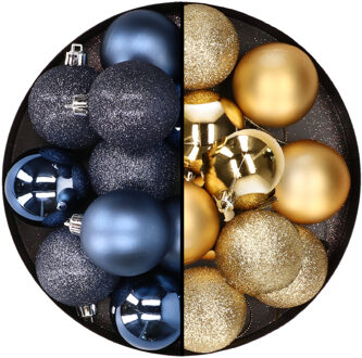 24x stuks kunststof kerstballen mix van donkerblauw en goud 6 cm - Kerstbal Goudkleurig