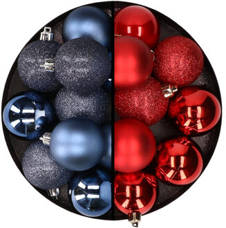 24x stuks kunststof kerstballen mix van donkerblauw en rood 6 cm