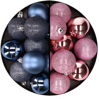 24x stuks kunststof kerstballen mix van donkerblauw en roze 6 cm - Kerstbal