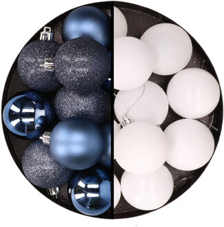 24x stuks kunststof kerstballen mix van donkerblauw en wit 6 cm - Kerstbal