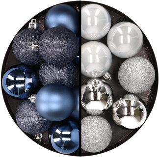 24x stuks kunststof kerstballen mix van donkerblauw en zilver 6 cm