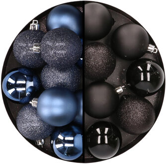 24x stuks kunststof kerstballen mix van donkerblauw en zwart 6 cm