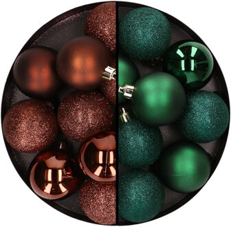 24x stuks kunststof kerstballen mix van donkerbruin en donkergroen 6 cm - Kerstbal