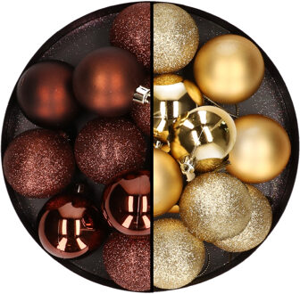 24x stuks kunststof kerstballen mix van donkerbruin en goud 6 cm - Kerstbal Goudkleurig