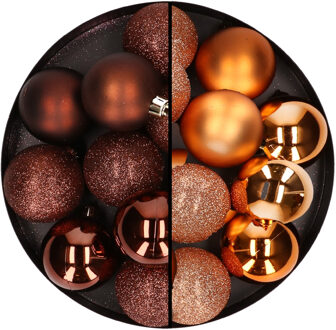 24x stuks kunststof kerstballen mix van donkerbruin en koper 6 cm