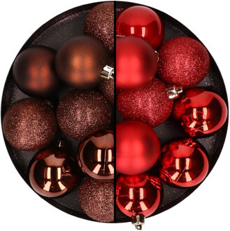 24x stuks kunststof kerstballen mix van donkerbruin en rood 6 cm