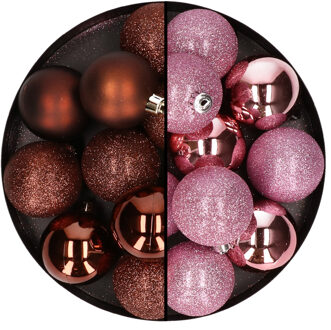 24x stuks kunststof kerstballen mix van donkerbruin en roze 6 cm - Kerstbal