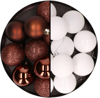 24x stuks kunststof kerstballen mix van donkerbruin en wit 6 cm - Kerstbal