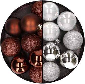 24x stuks kunststof kerstballen mix van donkerbruin en zilver 6 cm - Kerstbal