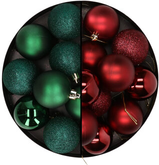 24x stuks kunststof kerstballen mix van donkergroen en donkerrood 6 cm