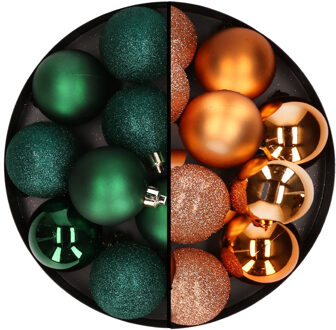 24x stuks kunststof kerstballen mix van donkergroen en koper 6 cm