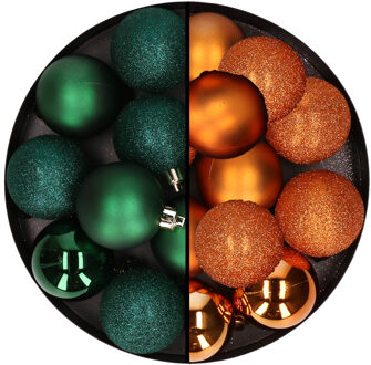 24x stuks kunststof kerstballen mix van donkergroen en oranje 6 cm - Kerstbal