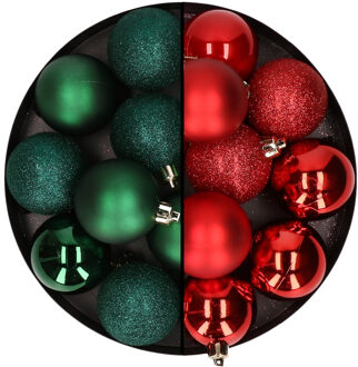 24x stuks kunststof kerstballen mix van donkergroen en rood 6 cm