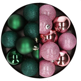 24x stuks kunststof kerstballen mix van donkergroen en roze 6 cm - Kerstbal