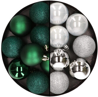 24x stuks kunststof kerstballen mix van donkergroen en zilver 6 cm - Kerstbal