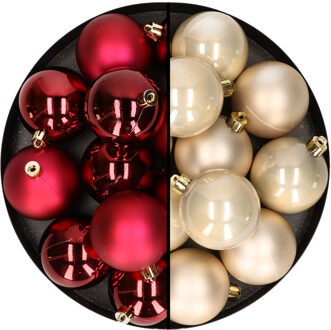 24x stuks kunststof kerstballen mix van donkerrood en champagne 6 cm