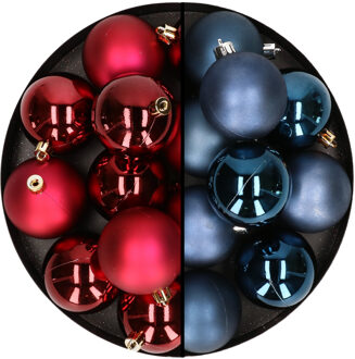 24x stuks kunststof kerstballen mix van donkerrood en donkerblauw 6 cm - Kerstbal