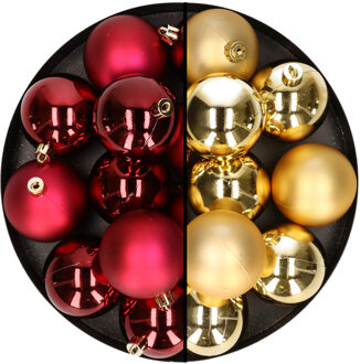 24x stuks kunststof kerstballen mix van donkerrood en goud 6 cm - Kerstbal Goudkleurig