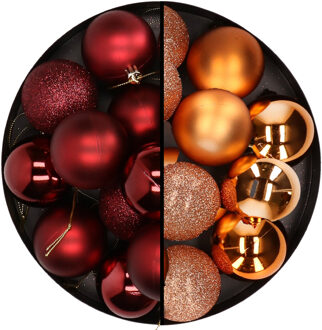 24x stuks kunststof kerstballen mix van donkerrood en koper 6 cm