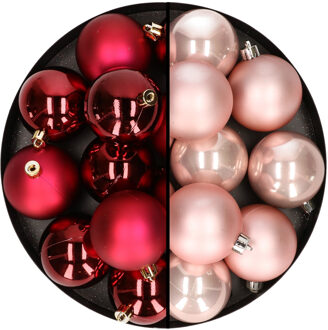 24x stuks kunststof kerstballen mix van donkerrood en lichtroze 6 cm
