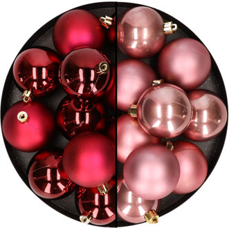 24x stuks kunststof kerstballen mix van donkerrood en oudroze 6 cm